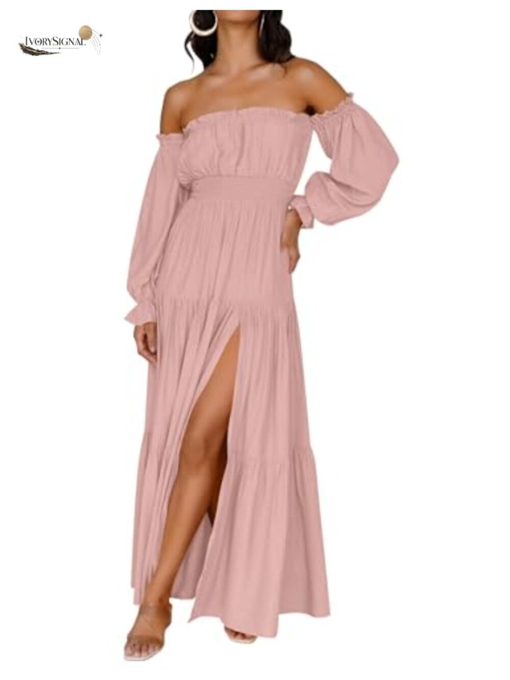 Women's Long Sleeve Off Shoulder Boho Flowy Maxi Dress A-Line High Slit